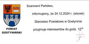 Informacja dotycząca pracy Starostwa Powiatowego w Gostyninie dniu 24 grudnia 2024 roku